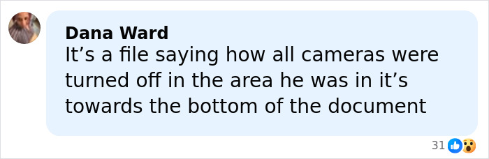 Comment from Dana Ward discussing turned-off cameras in Epstein prison guard's area shortly before his passing, mentioning deposit timing.