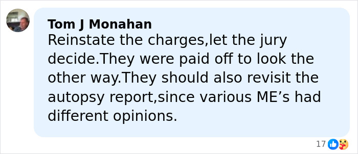 Comment by Tom J Monahan discussing charges, jury decision, and autopsy opinions related to Epstein prison guard case.