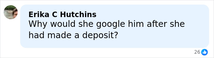 Comment by Erika C Hutchins questioning why Epstein prison guard googled his name after making a deposit days earlier.
