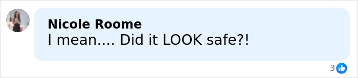 Comment by Nicole Roome questioning safety with text Did it look safe on a light blue background.