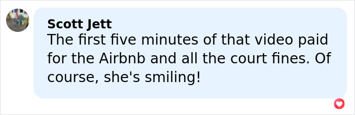 Comment by Scott Jett discussing Airbnb video profits and court fines alongside a mention of a Florida woman’s arrest. Comment by Scott Jett discussing Airbnb video profits and court fines alongside a mention of a Florida woman’s arrest.