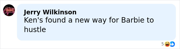 Comment saying Kens found a new way for Barbie to hustle, highlighting Barbie packaging and dolls discovery.