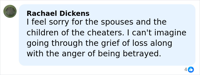 Facebook comment expressing sympathy for spouses and children dealing with grief and anger after betrayal in a disturbing violent case.