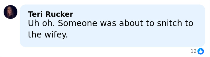 Comment from Teri Rucker expressing concern about someone nearly revealing information to a spouse in a social media post.