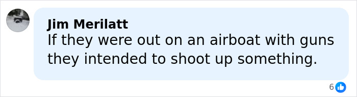 Comment by Jim Merilatt expressing concern about potential violence involving guns on an airboat in a social media post.