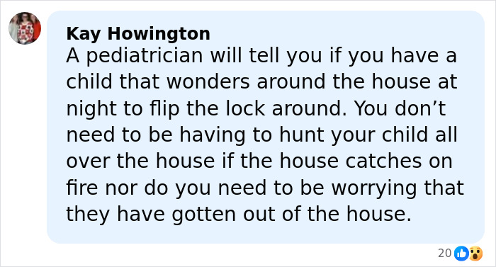Comment from Kay Howington about pediatrician advice on child safety and preventing wandering at night in a home environment.