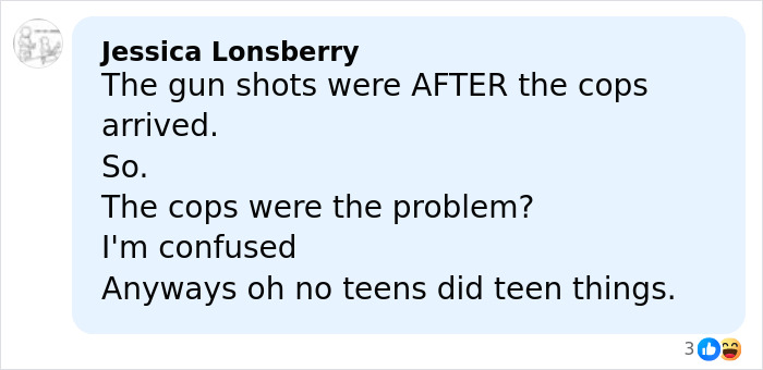Screenshot of a social media comment discussing gunshots and teens during a large Airbnb party takeover incident.
