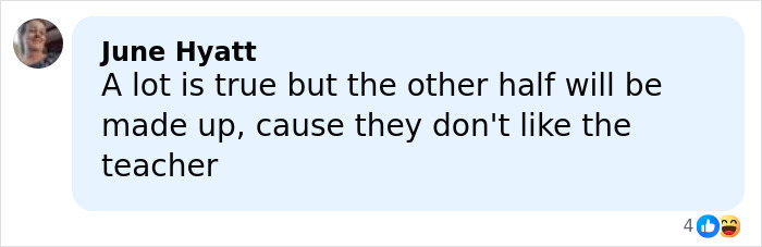 Facebook comment by June Hyatt expressing doubt about story details related to middle school secretary accused of crimes.
