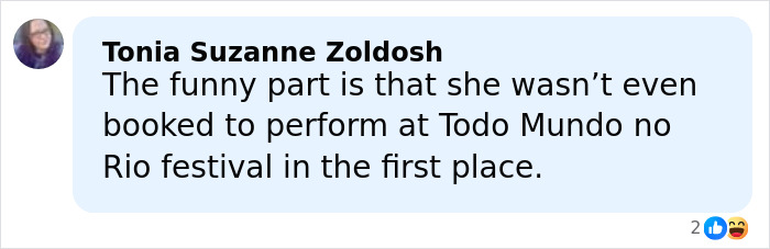 Comment by Tonia Suzanne Zoldosh discussing Chappell Roan's festival booking and ban related to security guard incident.