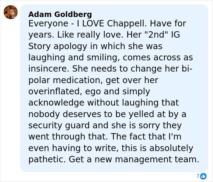 Facebook comment criticizing Chappell Roan&rsquo;s apology after security guard&rsquo;s treatment of Jude Law&rsquo;s daughter incident.