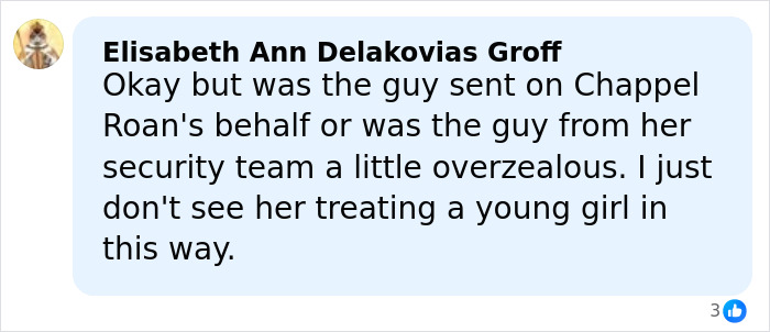 ALT text: Social media comment discussing Chappell Roan's security guard's treatment of Jude Law's 11-year-old daughter incident.