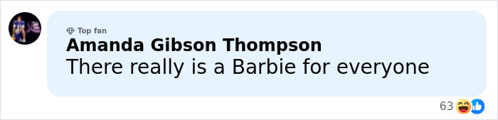 Comment on a social media post mentioning Barbie dolls, highlighting diverse appeal, with engagement icons visible.