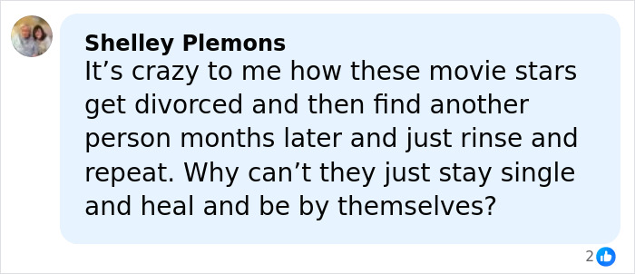 Comment from Shelley Plemons sharing thoughts on movie stars dating soon after divorce, sparking Nicole Kidman dating buzz.
