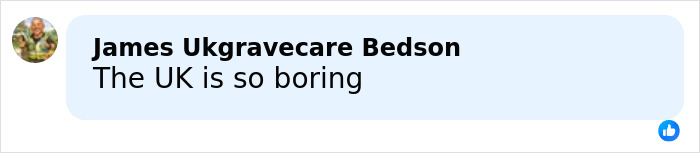 Comment by James Ukgravecare Bedson stating The UK is so boring, related to Bonnie Blue criminally charged after disturbing public stunt in London.
