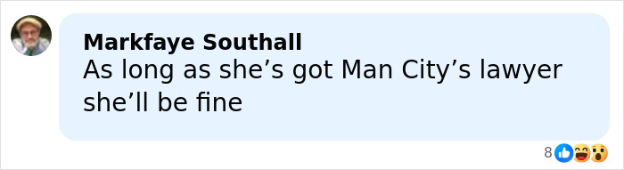 Comment on social media post mentioning Man City's lawyer, related to Bonnie Blue criminally charged after disturbing public stunt in London.