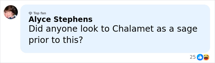 Comment from Alyce Stephens questioning if anyone saw Chalamet as a sage before recent events on social media.