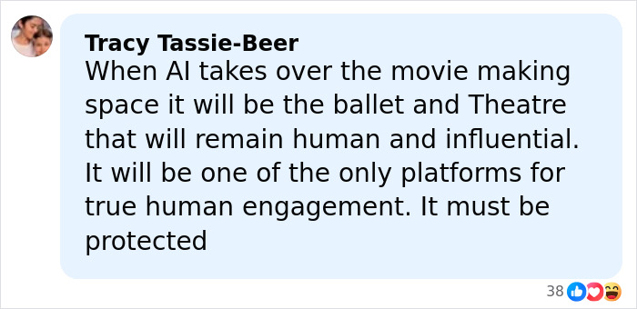 Comment about AI impact on moviemaking by Tracy Tassie-Beer, emphasizing ballet and theatre for human engagement.