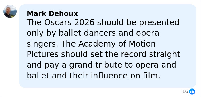 Comment by Mark Dehoux suggesting the Oscars 2026 honor ballet and opera's influence on film, mentioning Timoth&eacute;e Chalamet.