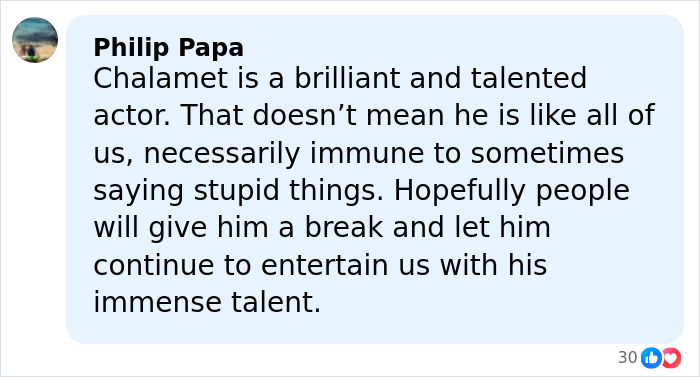 Screenshot of a Facebook comment praising Timoth&eacute;e Chalamet as a brilliant actor despite occasional mistakes.