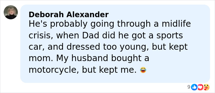 Comment about midlife crisis relating to family dynamics, highlighting humor in personal experiences with relationships and possessions.