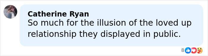 Comment by Catherine Ryan expressing skepticism about the public display of a loved-up relationship amid midlife crisis tensions.