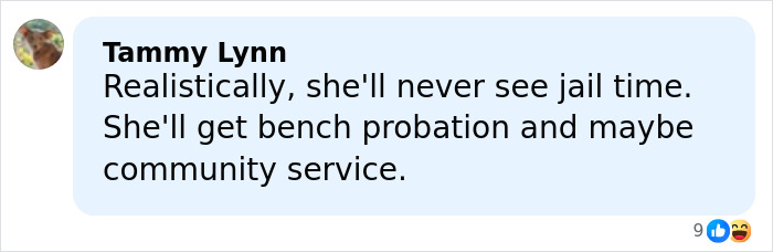 Comment by Tammy Lynn discussing Joseph Duggar&rsquo;s wife Kendra&rsquo;s arrest and possible legal outcomes in a social media post.