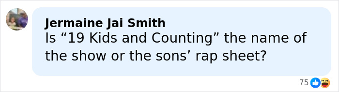 Comment by Jermaine Jai Smith questioning if 19 Kids and Counting refers to the show or the sons&rsquo; rap sheet.