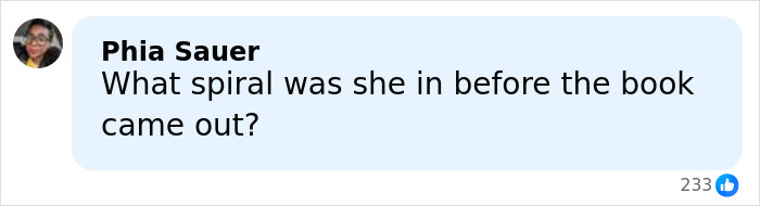 Comment by Phia Sauer asking what spiral Britney Spears was in before the book release, discussing Spears arrest reasons.