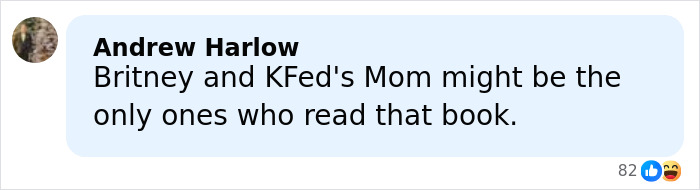 Comment from Andrew Harlow discussing Britney Spears and KFed's mom related to a book, reflecting on the heartbreaking reason behind Britney Spears' arrest.