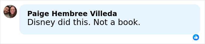 Screenshot of a social media comment by Paige Hembree Villeda saying Disney did this, not a book.