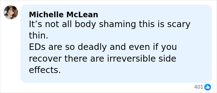 Comment from Michelle McLean discussing concerns about body shaming and the dangers of eating disorders. Comment from Michelle McLean discussing concerns about body shaming and the dangers of eating disorders.