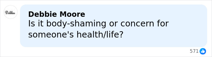 Comment from Debbie Moore questioning if the discussion is body-shaming or concern for health after Kelly Osbourne's Brit Awards look went viral. Comment from Debbie Moore questioning if the discussion is body-shaming or concern for health after Kelly Osbourne's Brit Awards look went viral.
