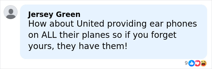 Comment from passenger Jersey Green suggesting United Airlines provide earphones on all planes amid new rule rollout.