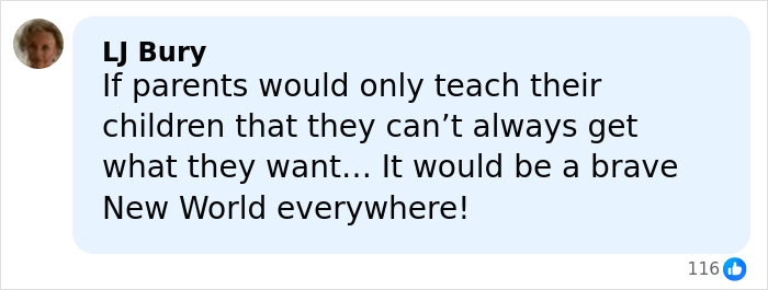 Comment by LJ Bury emphasizing the need for parents to teach children patience, gaining unexpected support from readers.
