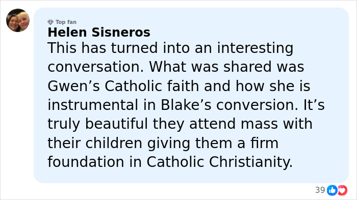 Comment highlighting Gwen Stefani&rsquo;s Christian pivot and her role in promoting Catholic faith within her family.
