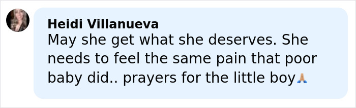 Comment from Heidi Villanueva expressing hope that the mom who allowed boyfriend to harm her son faces consequences.