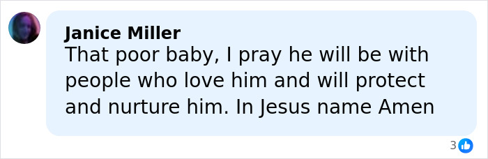 Comment from Janice Miller expressing sympathy and prayer for a baby harmed by a boyfriend, hoping for protection and care.