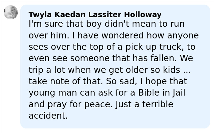 Comment from Twyla Kaedan Lassiter Holloway expressing sadness over a teacher losing his life after prank incident outside home.