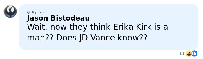 Comment by Jason Bistodeau discussing bizarre online theory about Erika Kirk and Sydney Sweeney sparking viral reactions.