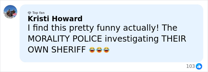 Comment from Kristi Howard about morality police investigating their own sheriff, relating to bizarre online theory about Erika Kirk and Sydney Sweeney.