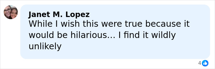 Comment by Janet M. Lopez expressing doubt about a bizarre online theory involving Erika Kirk and Sydney Sweeney.