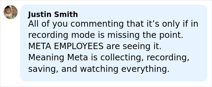 Screenshot of a comment discussing Meta workers revealing disturbing things seen through users' smart glasses.