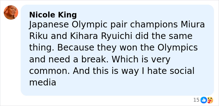Comment by Nicole King expressing frustration about social media and mentioning Japanese Olympic pair champions Miura Riku and Kihara Ryuichi needing a break.