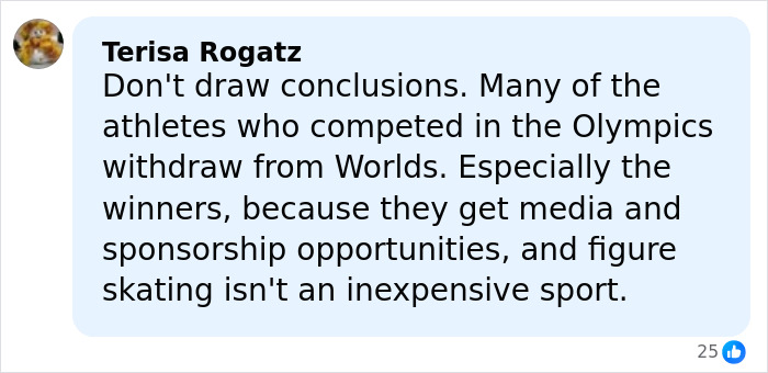 Comment about US Olympic hero Alysa Liu withdrawing from World Championships due to airport incident and sponsorship factors.