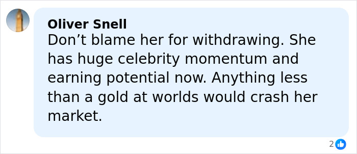 Comment by Oliver Snell discussing Alysa Liu's withdrawal from World Championships amid airport incident concerns.