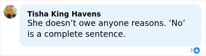 Screenshot of social media comment by Tisha King Havens stating no one is owed reasons and no is a complete sentence.