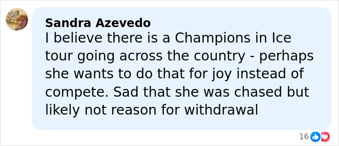 Comment by Sandra Azevedo discussing Alysa Liu’s possible reasons for withdrawing from the World Championships after an airport incident.