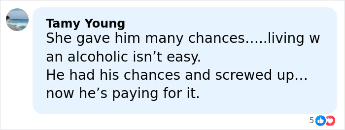 Comment from Tamy Young discussing struggles with alcohol in midlife crisis amid Nicole Kidman and Keith Urban tensions.