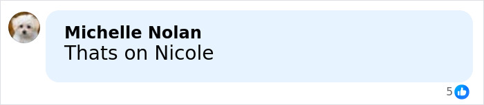 Comment by Michelle Nolan reading Thats on Nicole, displayed in a social media chat bubble with a small dog profile icon.