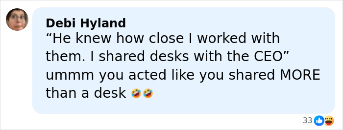 Screenshot of a Facebook comment by Debi Hyland humorously discussing close work with a CEO, referencing a viral Kiss Cam moment.